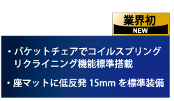 業界初　バケットチェアでコイルスプリング　リクライニング機能標準搭載　座マットに低反発15ｍｍを標準装備